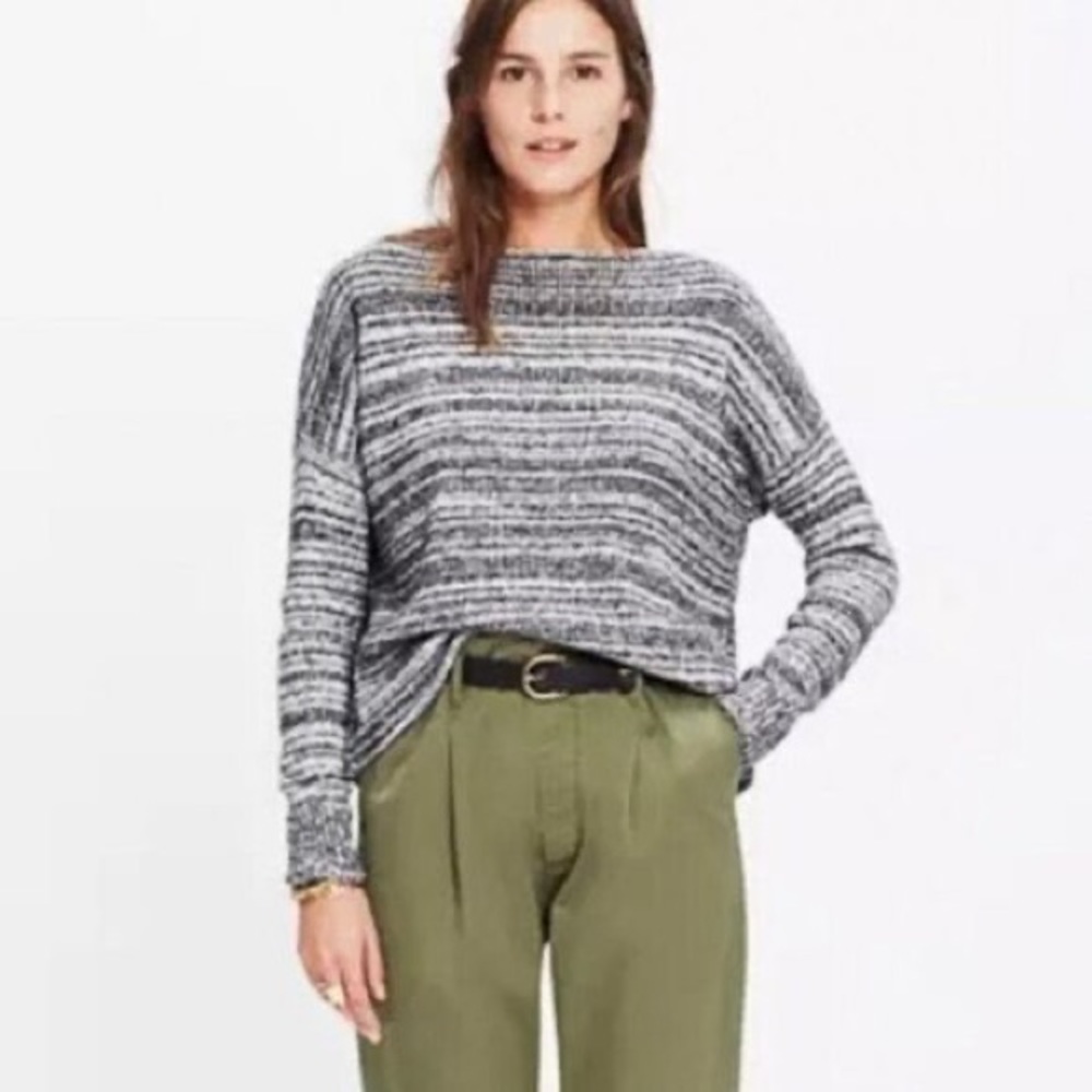 Madewell Women's Threadmix Boatneck Wool Mohair Yak Stripe Sweater Gray Grey M
